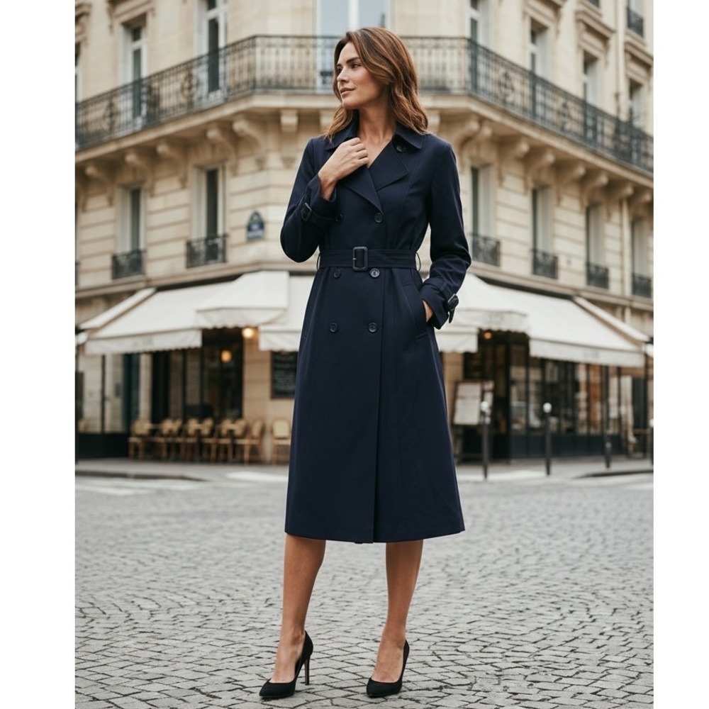 Gallery Womens Navy Blue Double Breasted Belted Trench Coat Size 6 Longline